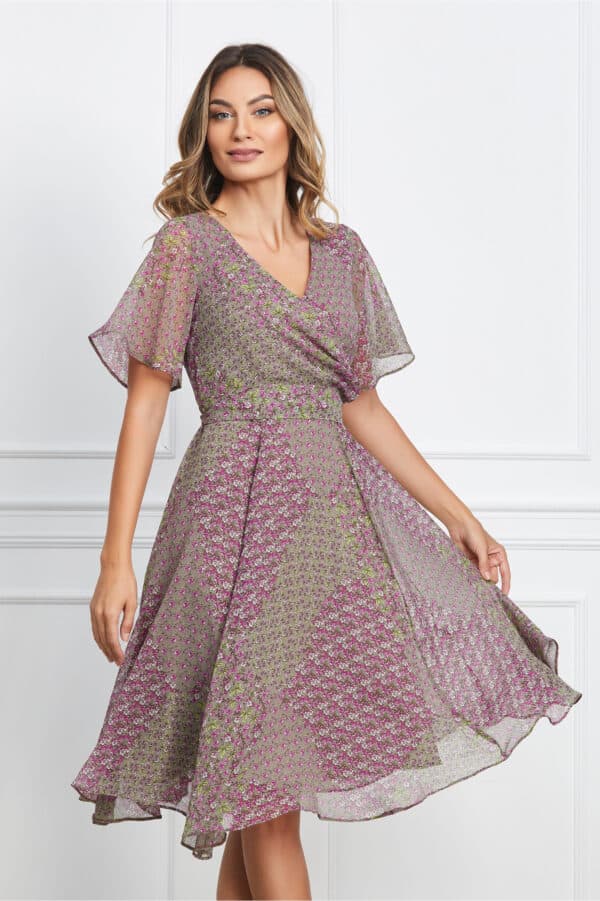 Rochie Ella Collection Amy din voal gri cu floricele mov si cordon in talie