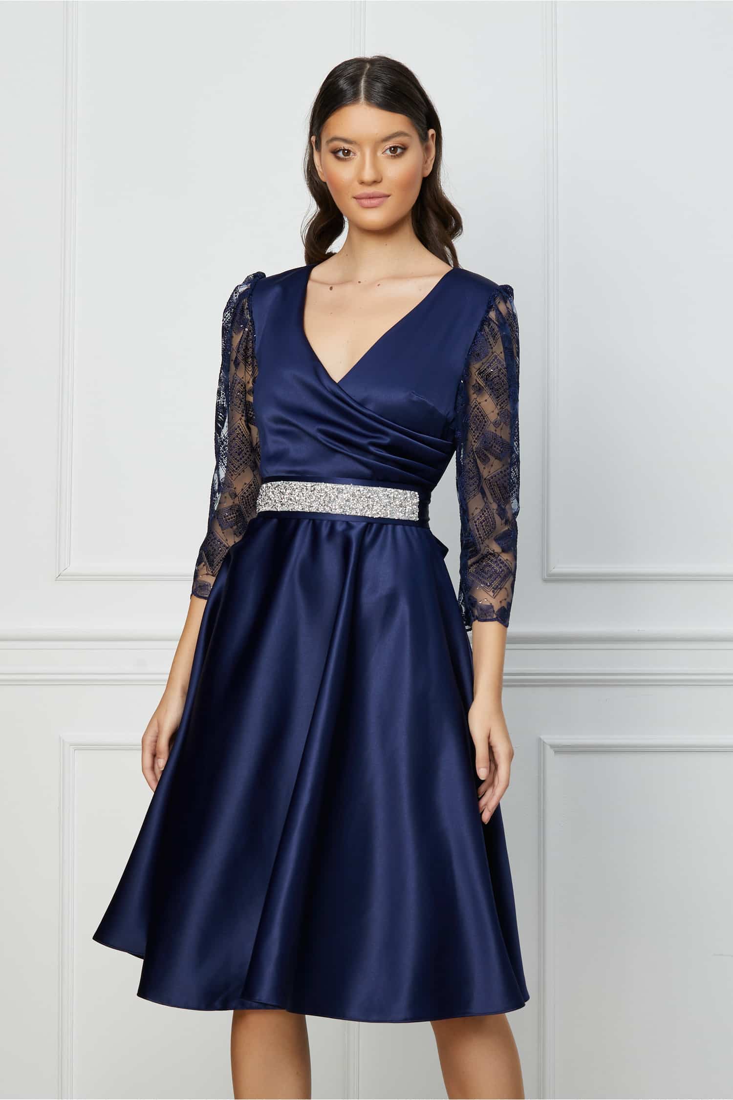 Rochie Ella Collection Adria bleumarin cu dantela florala si cordon in talie