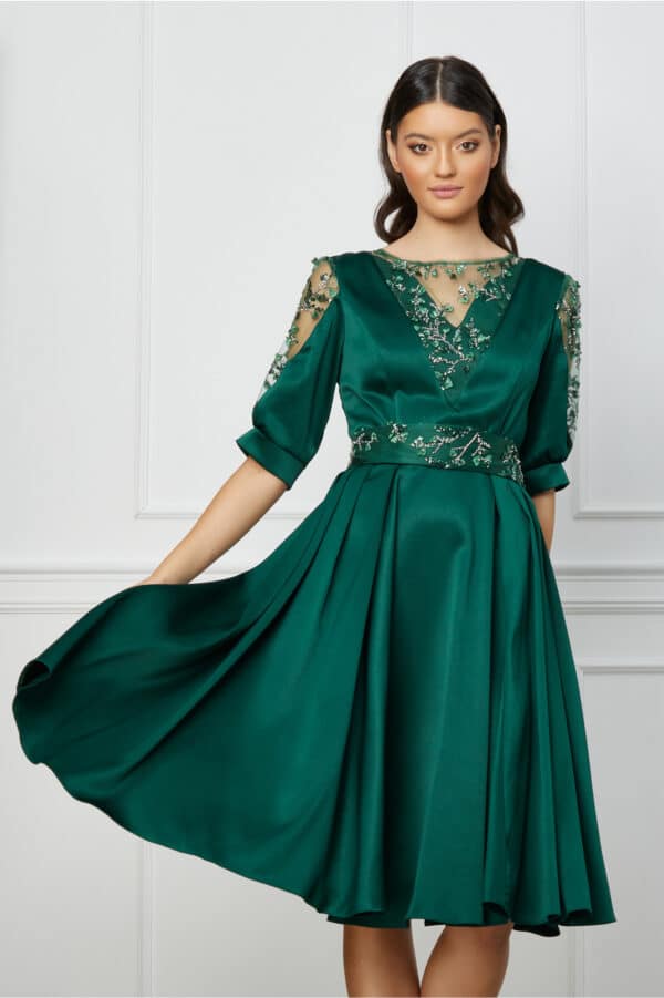 Rochie Ella Collection Alia verde cu paiete si cordon in talie