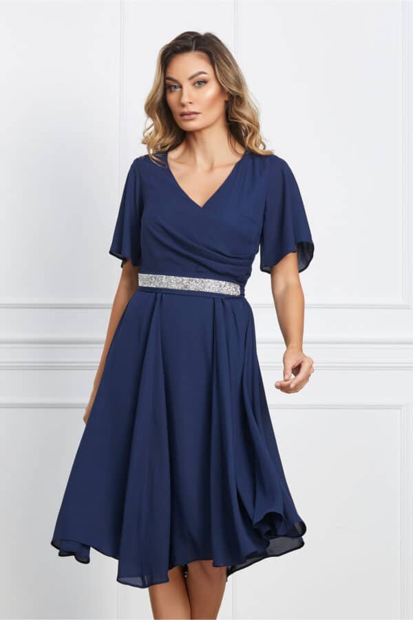 Rochie Ella Collection Amy bleumarin cu pliuri la bust si cordon in talie