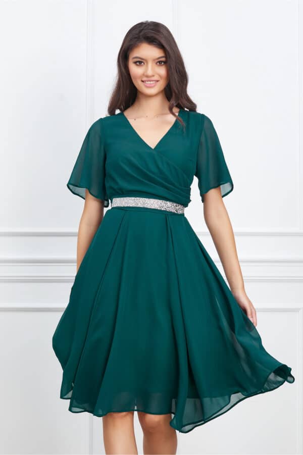Rochie Ella Collection Amy verde inchis cu pliuri la bust si cordon in talie