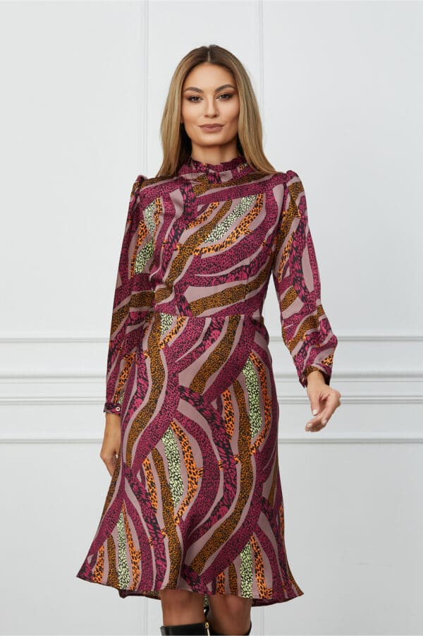 Rochie Erika magenta cu imprimeuri orange