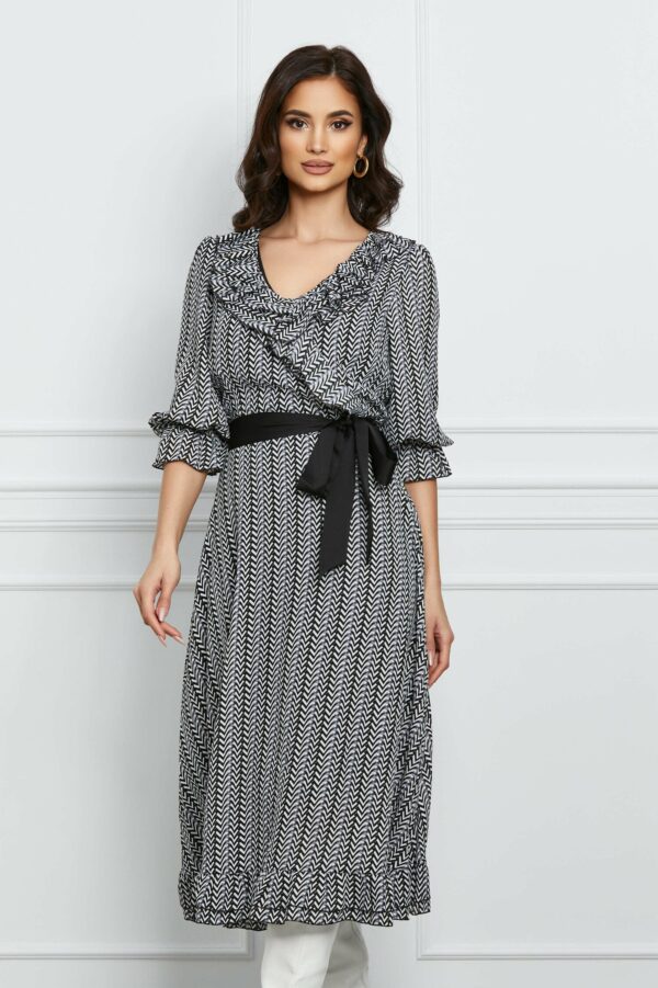 Rochie Felicia gri cu imprimeu alb-negru si cordon in talie