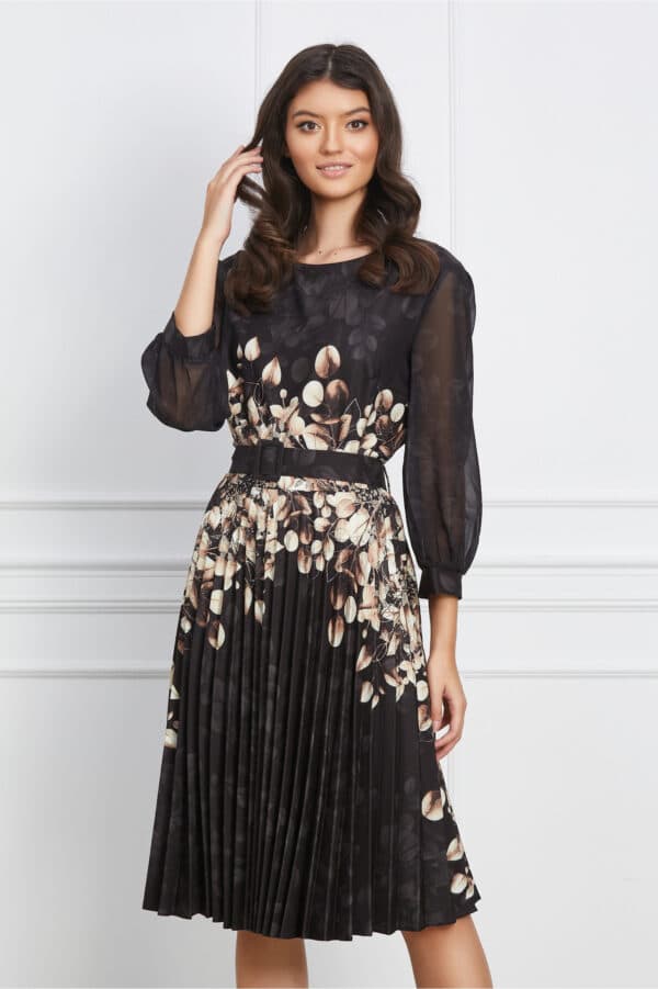 Rochie Georgi neagra cu imprimeuri bej si curea in talie