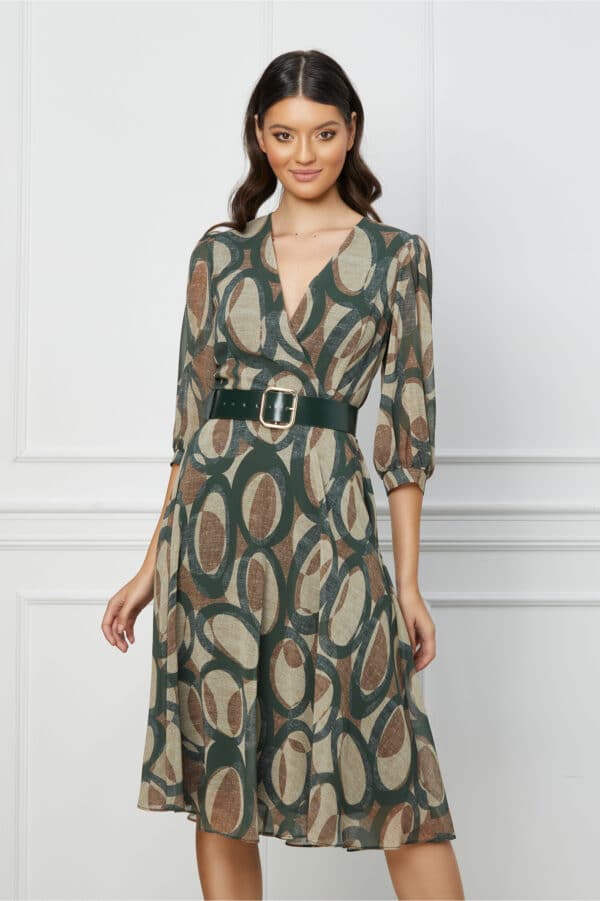 Rochie Gianina kaki cu imprimeuri maro si curea in talie