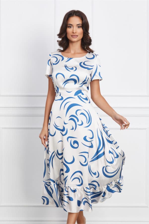 Rochie Ilona alba cu imprimeuri albastre