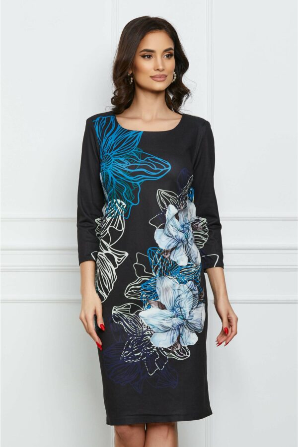 Rochie Ilona neagra cu imprimeu floral albastru
