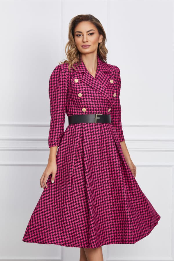 Rochie Iris fucsia cu imprimeu pepit si curea in talie