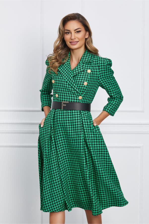 Rochie Iris verde cu imprimeu pepit si curea in talie