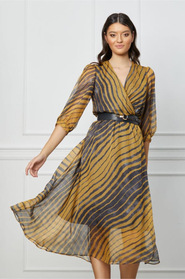 Rochie Isabela gri cu dungi galbene si curea in talie