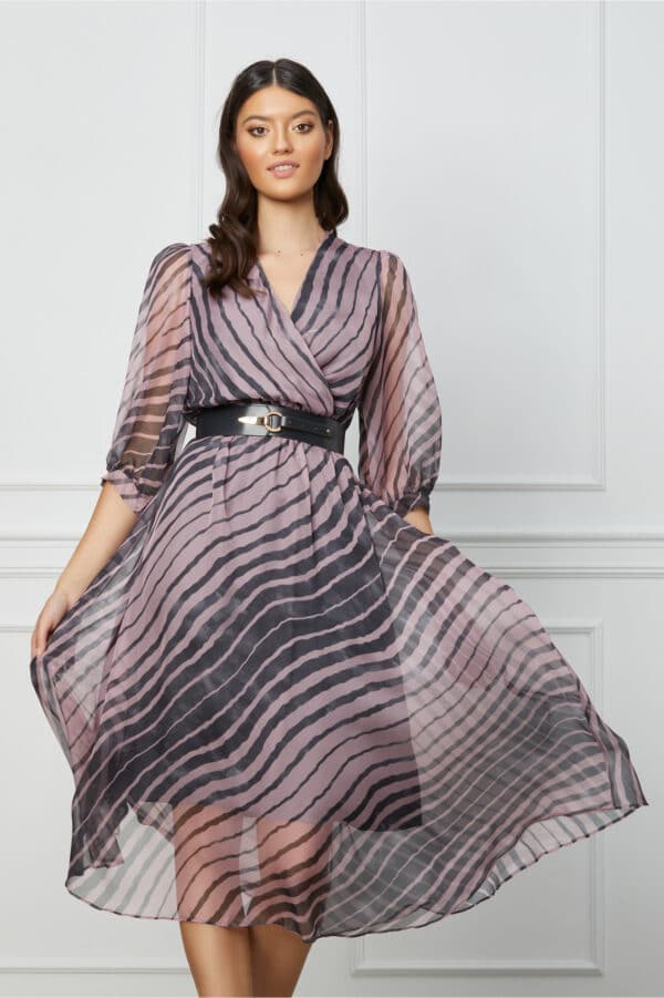Rochie Isabela gri cu dungi roz si curea in talie