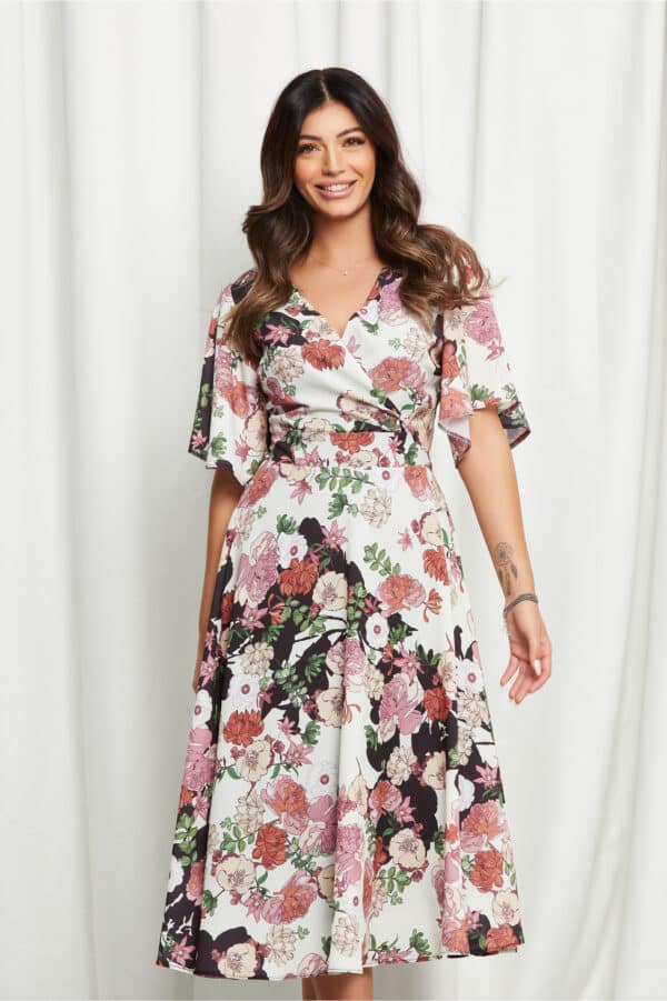 Rochie Isaura ivory cu imprimeu florale roz