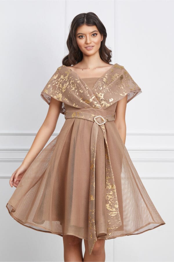 Rochie Jaqueline bej cu insertii aurii si cordon in talie