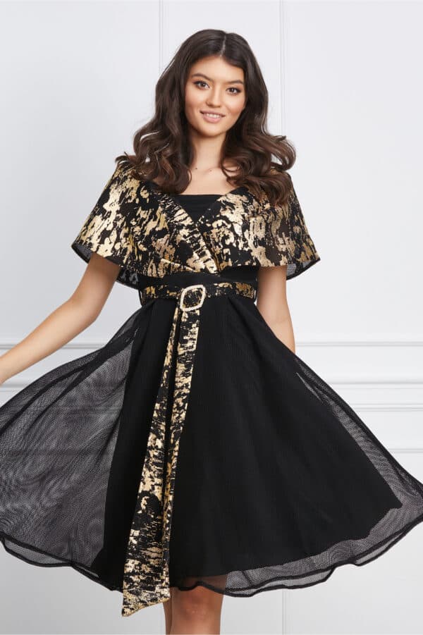 Rochie Jaqueline neagra cu insertii aurii si cordon in talie