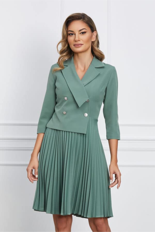 Rochie Jasmine verde mint tip sacou cu pliuri pe fusta