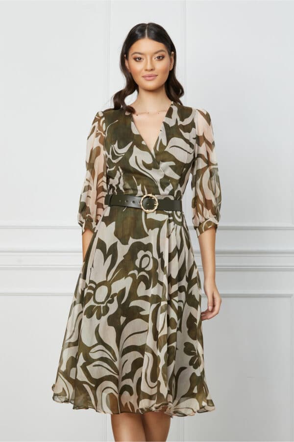 Rochie Karina kaki cu imprimeu ivory si curea in talie