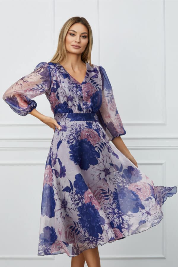 Rochie Katerina lila cu imprimeuri bleumarin