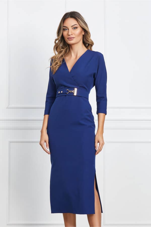 Rochie Kristina albastra office cu crepeuri pe fusta si curea in talie
