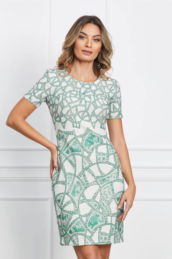 Rochie Liana ivory cu imprimeu verde si bej