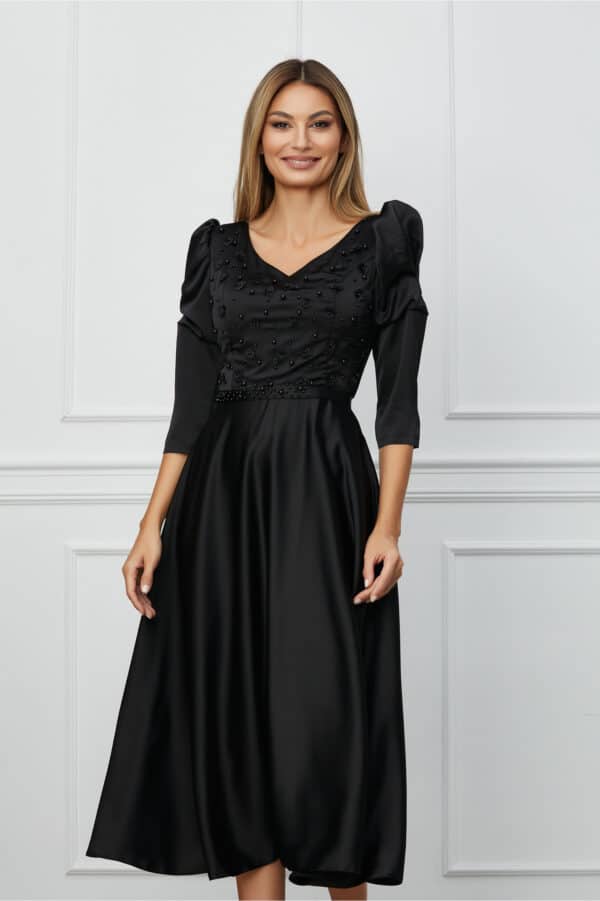 Rochie Lidia neagra cu flori 3D si perle pe bust