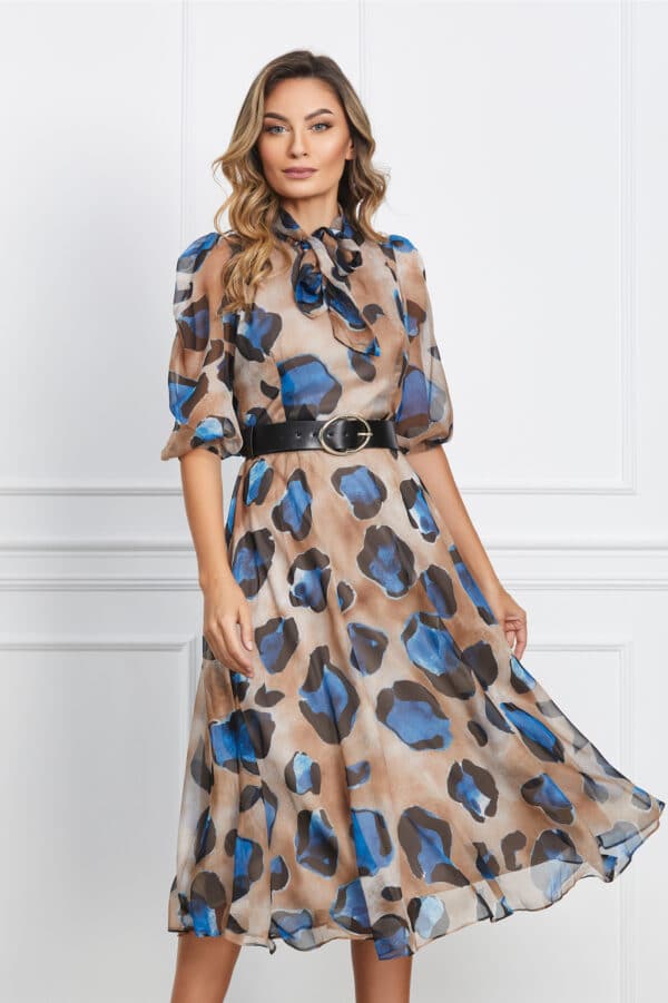 Rochie Lorena bej cu animal print albastru si curea in talie