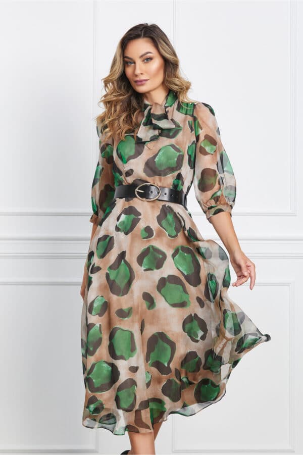Rochie Lorena bej cu animal print verde si curea in talie