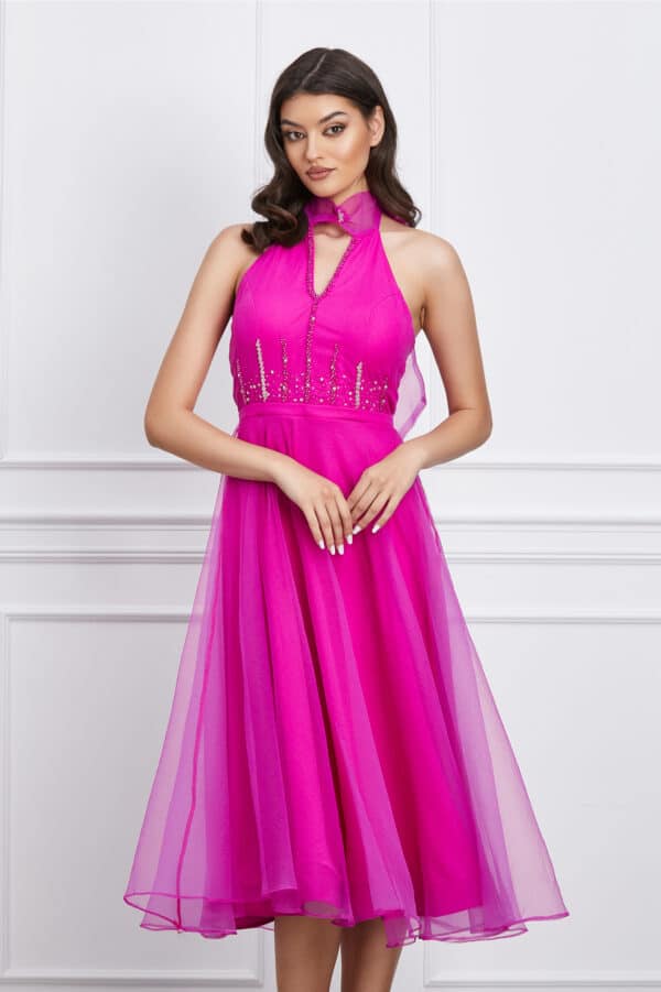Rochie Lorena fucsia din organza cu margelute