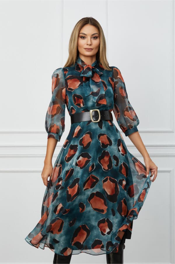 Rochie Lorena turcoaz cu animal print orange si curea in talie
