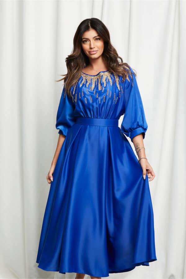 Rochie Madalina albastra cu strasuri la bust si curea in talie