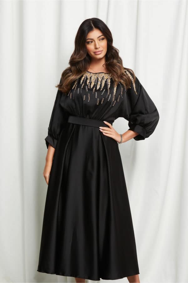 Rochie Madalina neagra cu strasuri la bust si curea in talie