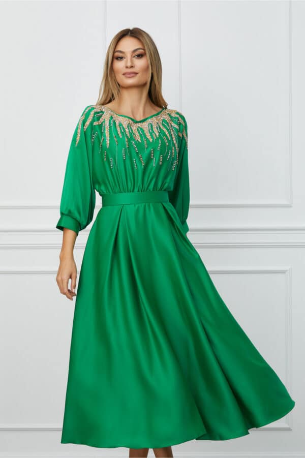 Rochie Madalina verde cu strasuri la bust si curea in talie