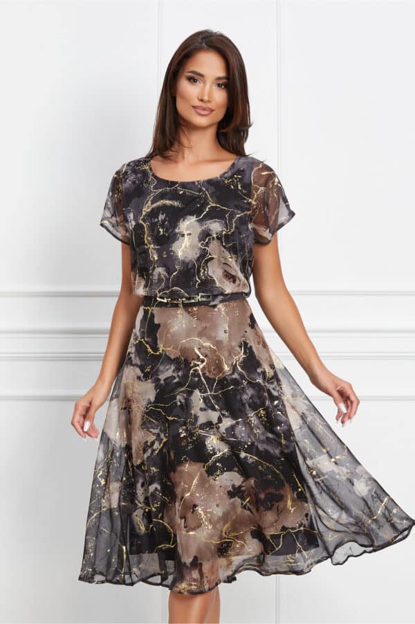 Rochie Maira neagra cu imprimeu auriu si accesoriu in talie