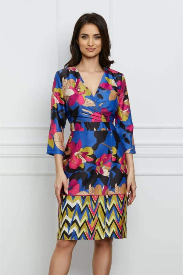 Rochie Marcy albastra cu imprimeuri fucsia