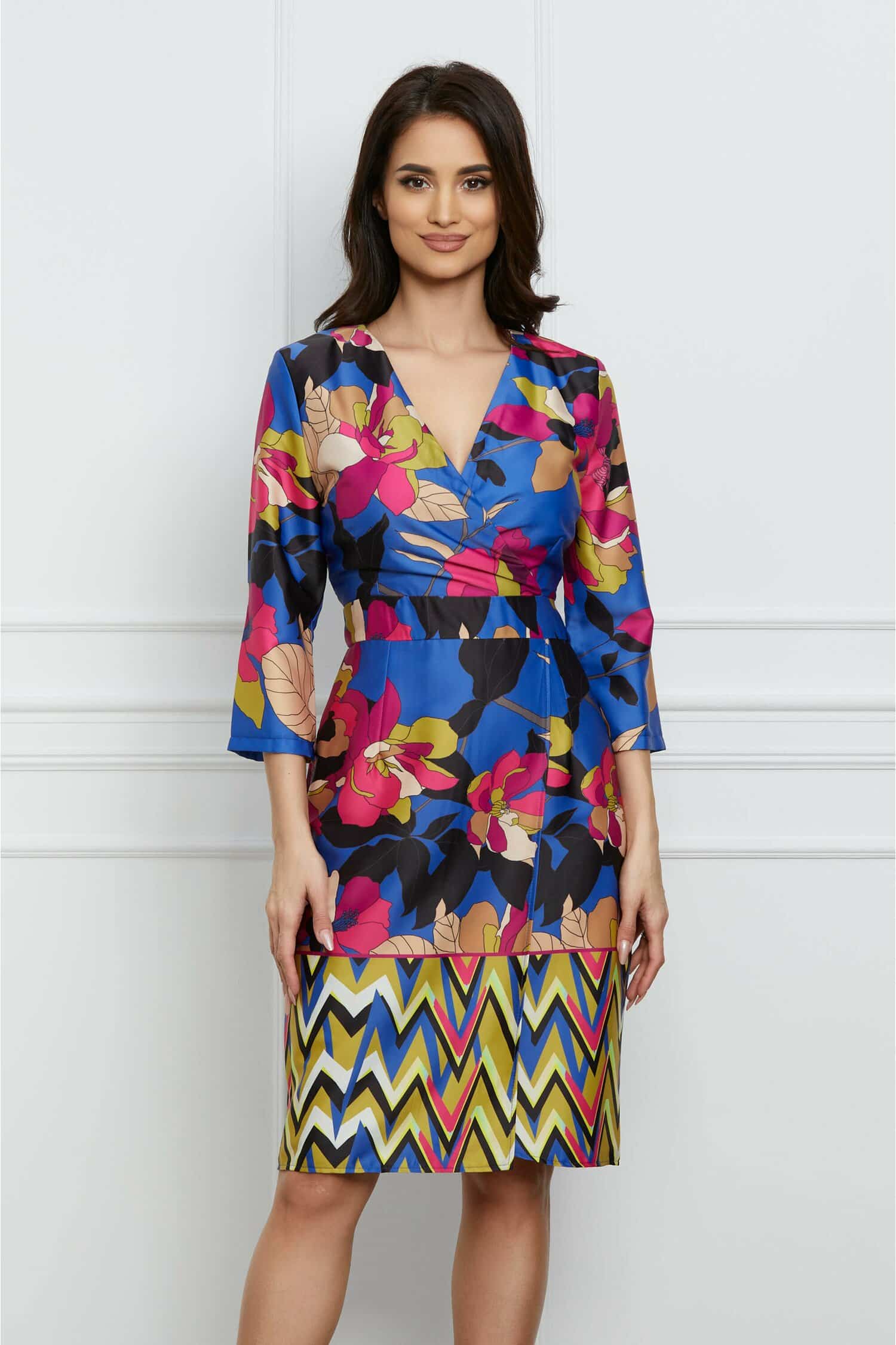 Rochie Marcy albastra cu imprimeuri fucsia