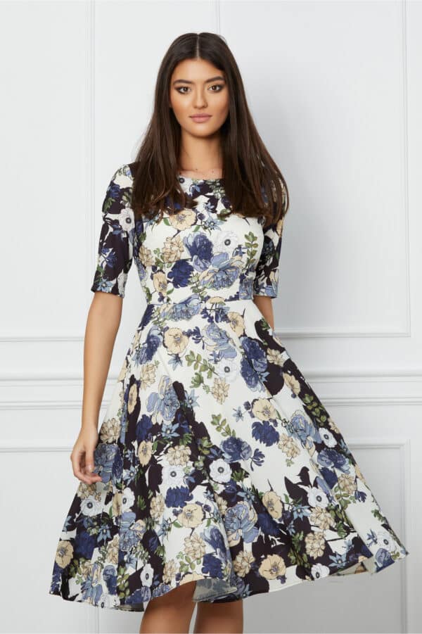 Rochie Maria alba cu imprimeuri albastre si bej