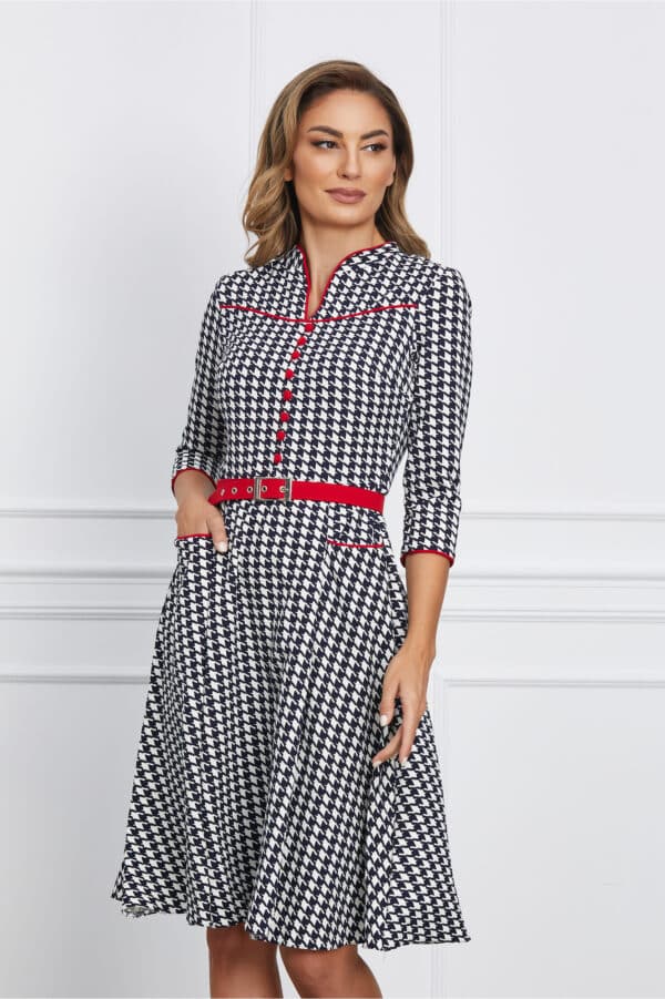 Rochie Maria cu imprimeu pepit bleumarin si curea rosie in talie