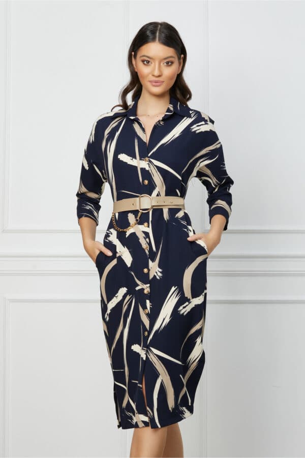 Rochie Marina bleumarin cu imprimeuri bej si curea in talie