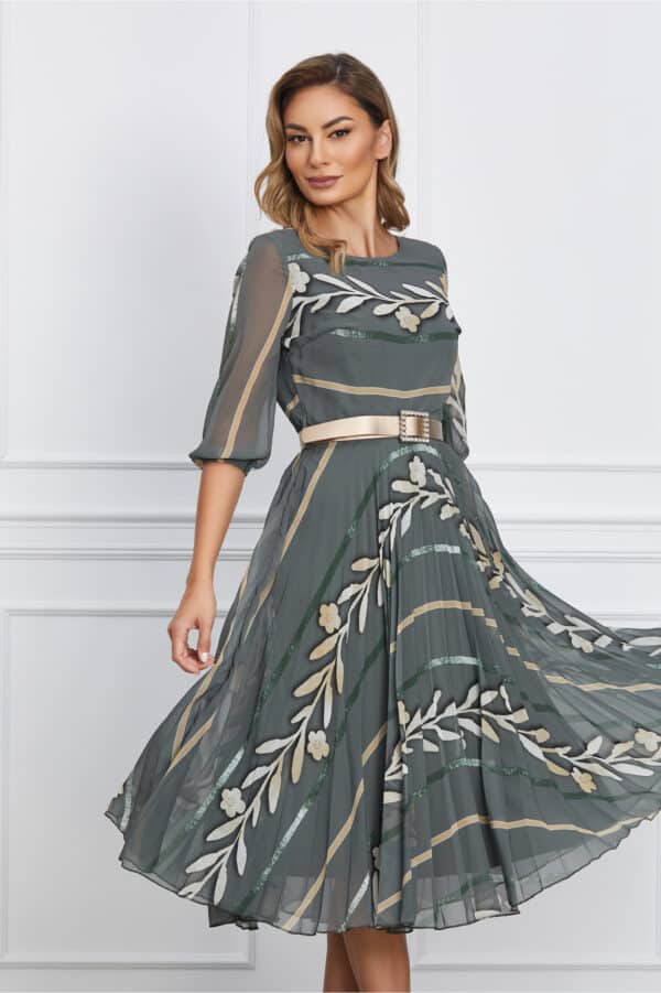 Rochie Marisa kaki cu imprimeu bej si curea in talie