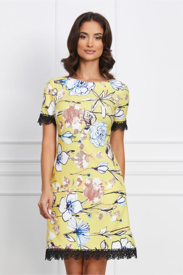 Rochie MBG galbena cu imprimeu floral colorat