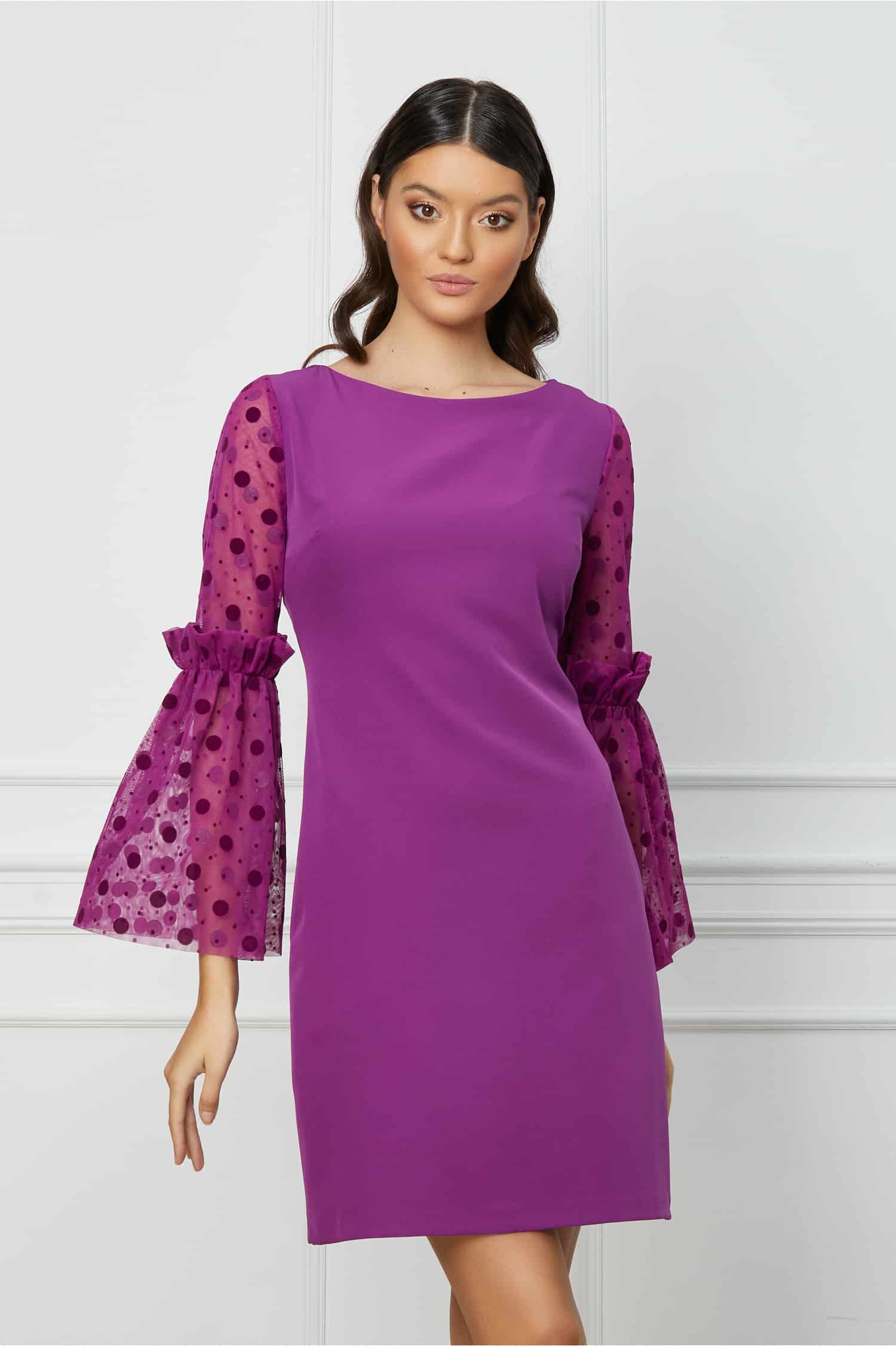 Rochie MBG magenta cu maneci evazate din tull cu buline catifelate