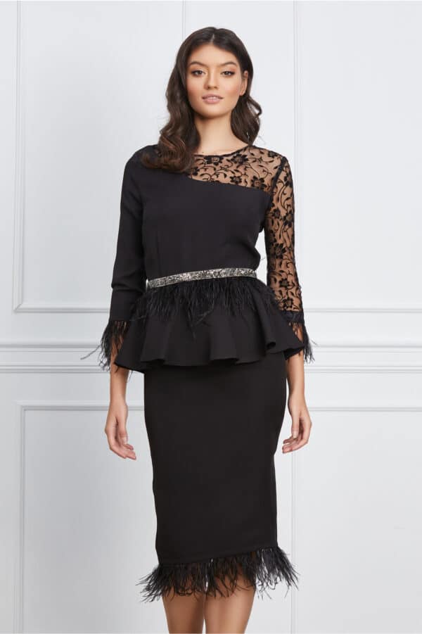 Rochie MBG neagra cu dantela si pene