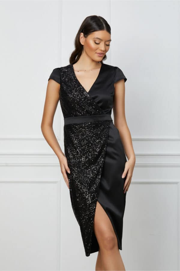 Rochie MBG neagra din satin cu paiete