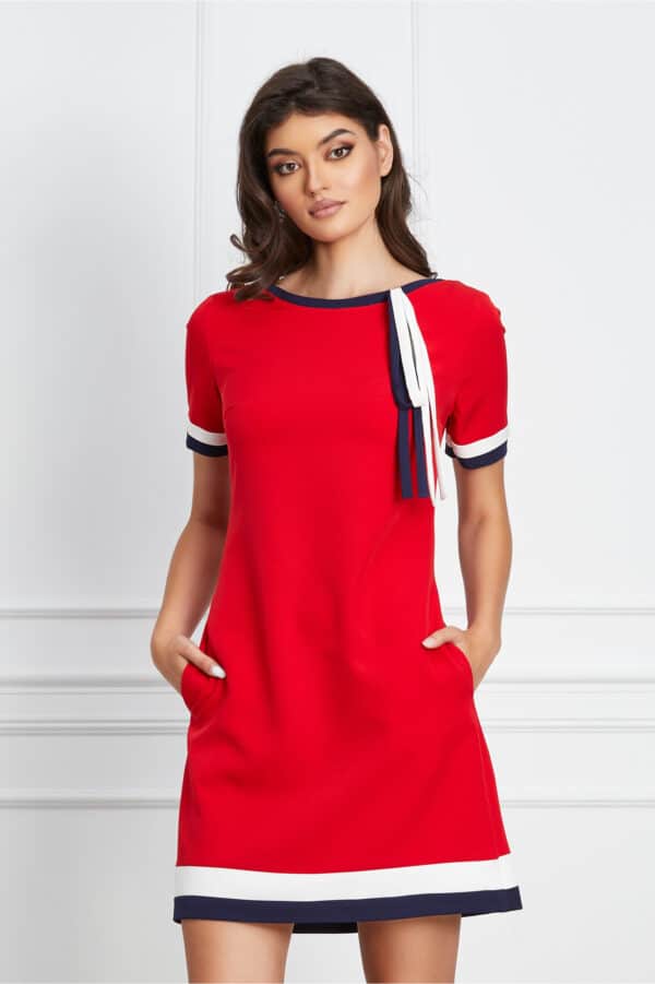 Rochie MBG rosie cu buzunare si snur la baza gatului