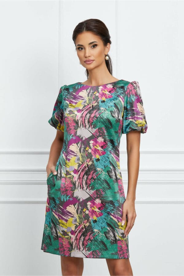 Rochie MBG turcoaz cu imprimeuri mov si galbene