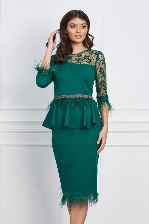 Rochie MBG verde cu dantela si pene