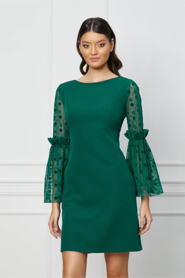 Rochie MBG verde cu maneci evazate din tull cu buline catifelate