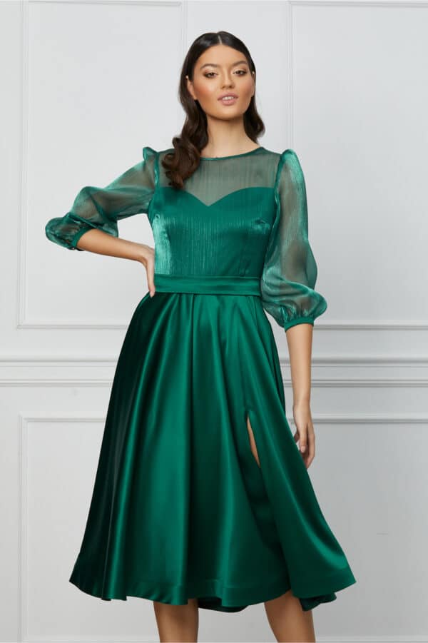 Rochie MBG verde din satin cu bust din organza