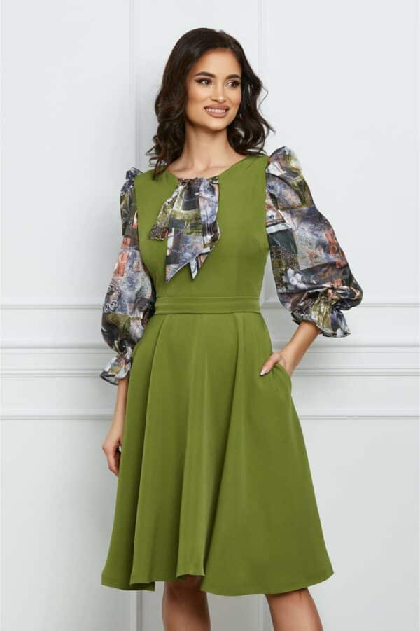 Rochie MBG verde olive cu funda si maneci din voal satinat