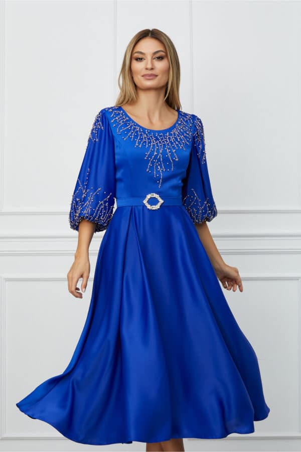 Rochie Mikaela albastra cu strasuri si curea in talie