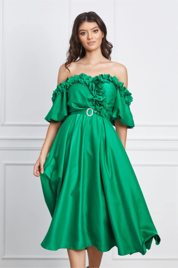 Rochie Mikaela verde cu flori 3D la bust si curea in talie